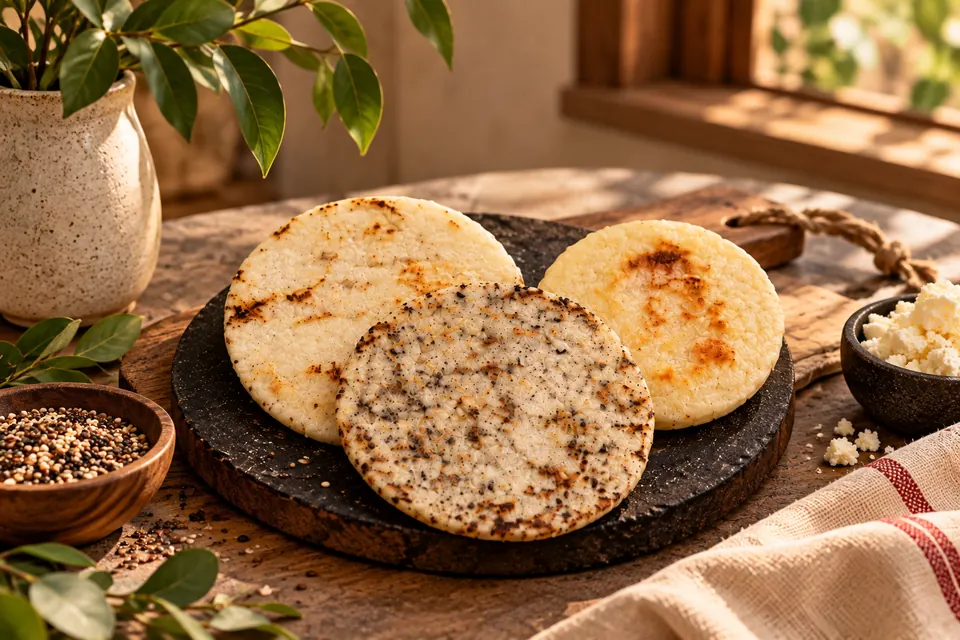 Arepa tradicional, arepa de semillas y arepa de queso recién doradas sobre una tabla de piedra, con quesito desmenuzado y semillas al costado