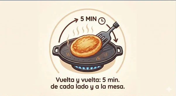 Ilustración de una arepa dorándose en una plancha sobre el fuego, con una espátula dándola vuelta: 5 minutos de cada lado